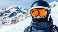 Close up portrait of skier wearing black helmet, orange goggles and winter jacket against snowy mountain peaks background in bright sunlight. Winter sports concept.