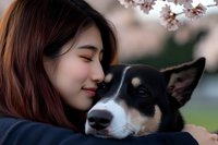Young Asian woman embracing border collie mix dog outdoors during spring cherry blossom season, showing tender moment between pet owner and companion animal.