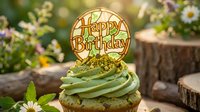 Matcha cupcake with green frosting and a wooden Happy Birthday topper, surrounded by flowers and logs in a natural garden setting.
