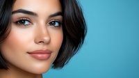 Close up portrait of young Hispanic woman with natural makeup, short dark hair and glowing skin against blue background, beauty and cosmetics concept.