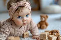 Sweet baby girl with bright blue eyes wearing pink headband and knitted sweater lying on floor with wooden toys and teddy bear, childhood portrait.