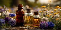 Essential oil bottles surrounded by blooming wildflowers in meadow. Natural aromatherapy ingredients with purple cornflowers and yellow blossoms in golden sunlight.