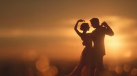Romantic couple dancing tango silhouette against golden sunset sky. Passionate dance performance with dramatic lighting for wedding and love concepts.