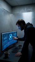 Young Caucasian male programmer working with futuristic holographic interface on computer screen in modern office environment for technology projects.