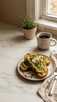 Avocado toast with radish slices and microgreens on marble countertop, steaming coffee cup, herb pot by window, healthy breakfast.