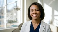 Young woman of mixed ethnicity wearing a white medical coat over navy scrubs, smiling at camera in bright clinical office with windows. Healthcare professional portrait for medical websites and publications.
