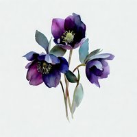 Watercolor purple hellebore flowers with green leaves on white background, botanical illustration for spring garden design and floral decoration projects.