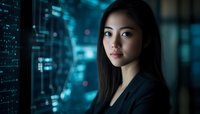 Young Asian businesswoman in dark office environment with futuristic digital interface background, dramatic lighting creates cybersecurity atmosphere.