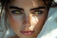 Close up portrait of young woman with glowing yellow eyes, freckles, and natural makeup in soft sunlight against white background. Artistic fantasy concept.