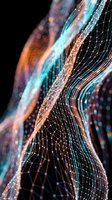 Glowing digital mesh waves with teal and copper tones on dark background, futuristic network grid flowing in abstract motion for tech design.