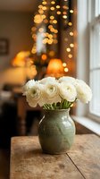 White ranunculus flowers in ceramic vase on wooden table with warm bokeh lights creating cozy home interior atmosphere for spring decor and lifestyle photography.