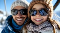 Cheerful mixed race father and daughter wearing winter knit hats and sunglasses smile during outdoor snow activities, expressing joy and family bonding.