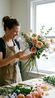 Female florist arranging fresh cut flowers including roses and garden blooms in natural daylight studio setting for floral design, small business, and creative work concepts.