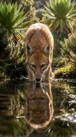 Wild coyote drinking water with reflection in desert oasis surrounded by agave plants and natural vegetation in golden sunlight for wildlife photography.