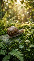 Garden snail crawling on moss-covered stone among ferns with golden sunlight filtering through forest creating magical bokeh background for nature photography.