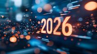Glowing numbers 2026 with bokeh lights and sparkles on dark blue background with motion blur effect creates futuristic atmosphere for New Year designs.