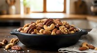 Mixed nuts assortment in cast iron skillet on kitchen counter with natural lighting. Healthy snacking, cooking ingredients for recipes and meal preparation.