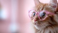 Ginger cat wearing pink glasses against soft pink background, close-up portrait with shallow depth of field and dreamy bokeh effect.