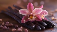 Pink cymbidium orchid flower on dark vanilla pods with scattered pink peppercorns creating romantic food composition with soft bokeh background.