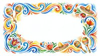 Colorful Mexican fiesta watercolor frame with maracas, sombrero, and floral swirls, forming a festive border with white copy space center.