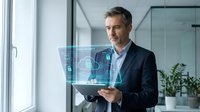 Middle-aged Caucasian male professional in dark business suit and light blue shirt holding tablet with holographic digital interface display showing data analytics and technology icons in modern office environment.