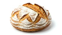 Freshly baked artisan sourdough bread loaf with golden crust and flour dusting isolated on white background for bakery and food design projects.