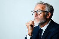 Contemplative senior Caucasian businessman with gray beard and glasses in navy suit looking up thoughtfully against light background, hand on chin in professional pose.