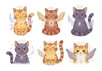 Cute cats with angel wings and halos isolated on white background. Cartoon style kittens in various poses and colors for children's designs, greeting cards, and apparel printing.
