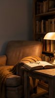 Cozy reading corner with open book, glasses and warm lamp light creating comfortable atmosphere for relaxation and study in home library setting.