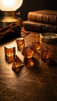 Amber translucent polyhedral dice set on wooden table with vintage books, compass and warm lamp light creating atmospheric tabletop gaming scene for RPG adventures.