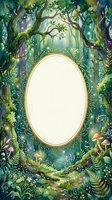 Enchanted forest frame with oval blank space surrounded by magical trees, mushrooms, ferns and glowing lights for fairy tale designs and fantasy artwork.