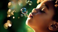 Young Asian woman blowing soap bubbles in sunlight with magical bokeh effect and dreamy atmosphere, side profile view capturing ethereal moment of joy and wonder.