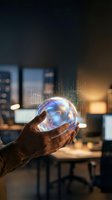 Businessman holding glowing crystal ball with digital data visualization and holographic charts in modern office environment, representing future technology, business forecasting, and innovation strategy.