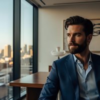 Confident bearded businessman in navy suit sitting at modern office desk with city skyline view through large windows during golden hour lighting.