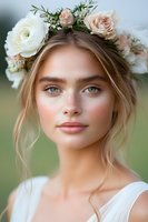 Young bride wearing floral crown with white and blush roses, baby's breath and greenery. Natural makeup, loose updo hairstyle and white dress against soft green background.