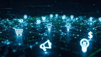 Digital network with glowing business icons including shopping cart, lightbulb, megaphone and dollar sign floating above connected data points for technology concepts.