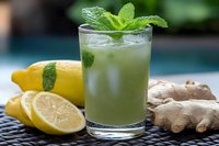 Refreshing ginger mint lemonade in glass with fresh ingredients - sliced lemons and ginger root on dark background, perfect for summer drinks.
