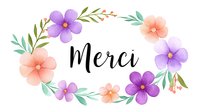 Floral wreath with purple and peach watercolor flowers, green leaves and calligraphy text merci in black on white background, suitable for greeting cards and invitations.