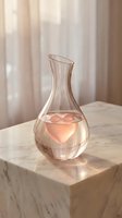 Elegant pink glass decanter with heart-shaped element on marble surface, romantic home decor for dining room interior design and special occasions.