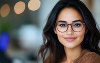 Young Hispanic woman with glasses smiling warmly at camera. Natural makeup, long dark hair, and brown sweater against soft bokeh background. Professional headshot style portrait.