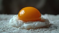 Raw egg yolk resting on fluffy white foam against dark background with dusting of flour, creating dramatic culinary composition in macro photography.
