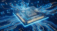 Advanced CPU processor chip with glowing blue circuits and electronic pathways on dark motherboard background for technology and computing concepts.
