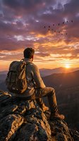 Male hiker with backpack sitting on mountain peak watching dramatic sunset with flying birds over mountain ranges in golden hour light.