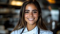 Professional young Hispanic female chef smiling confidently in modern restaurant kitchen wearing white culinary uniform for hospitality industry marketing.