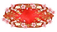 Red oval frame with golden ornate borders and pink cherry blossoms for Asian festival decorations, wedding invitations, and spring celebration designs.