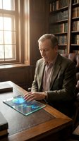 Senior man with gray hair, Caucasian ethnicity, wearing brown blazer and pink shirt, working with digital tablet displaying holographic data visualization in traditional library office with bookshelves and natural window light.