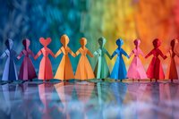 Colorful paper dolls chain holding hands against rainbow background, symbolizing unity, diversity, and community support. Handmade craft with vibrant reflection.