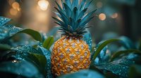 Fresh ripe pineapple with golden yellow skin surrounded by wet tropical leaves in moody lighting with bokeh effect and teal color grading.