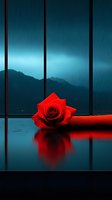 Vibrant red rose on reflective surface against moody mountain landscape through window, dramatic teal atmosphere creates romantic ambiance. Perfect for valentines designs.