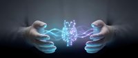 Hands protecting glowing digital brain with neural network connections representing artificial intelligence, machine learning and cognitive technology innovation.